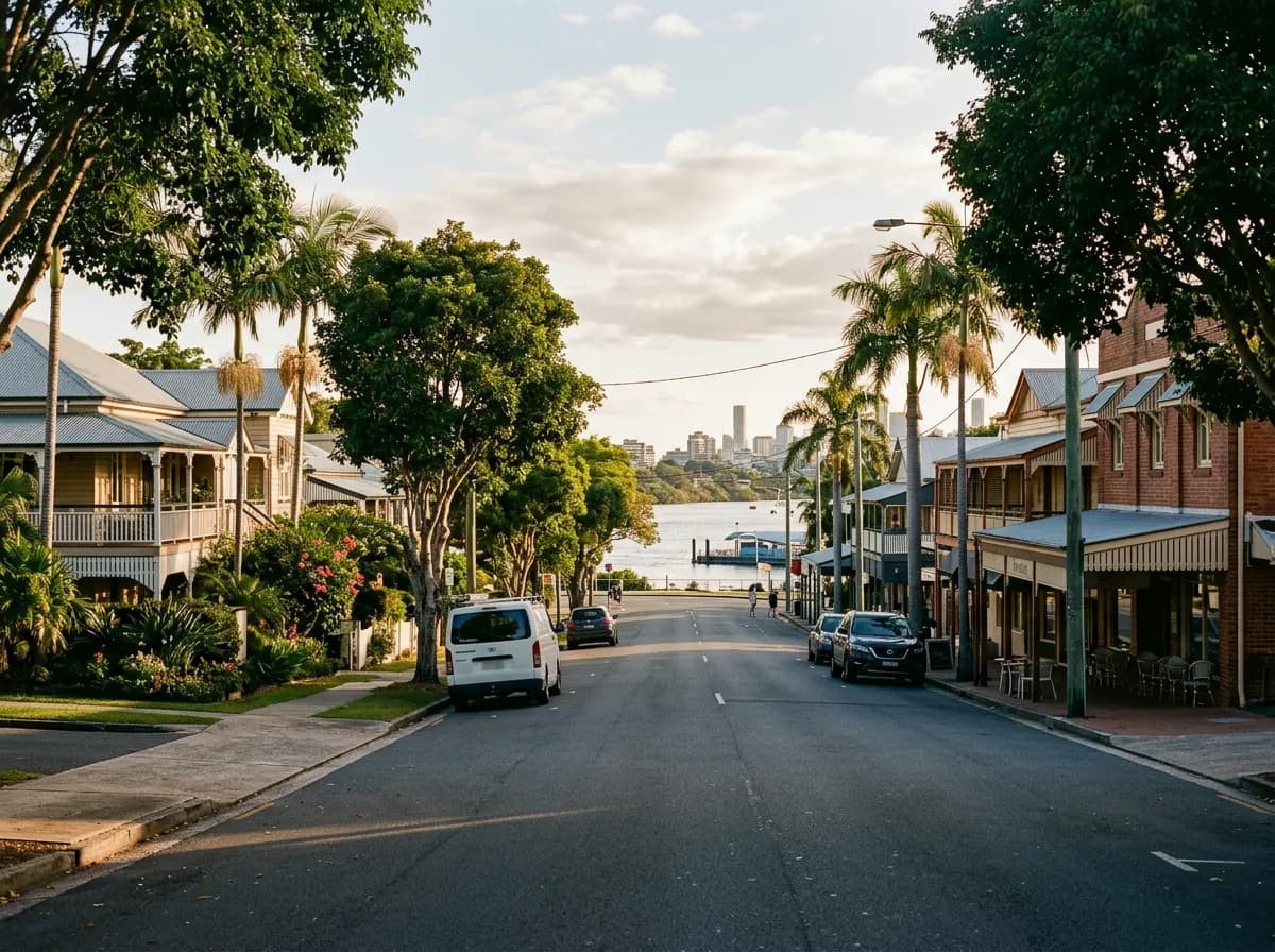 Streetscape of Bulimba, Brisbane — affluent riverside character homes and a boutique high street