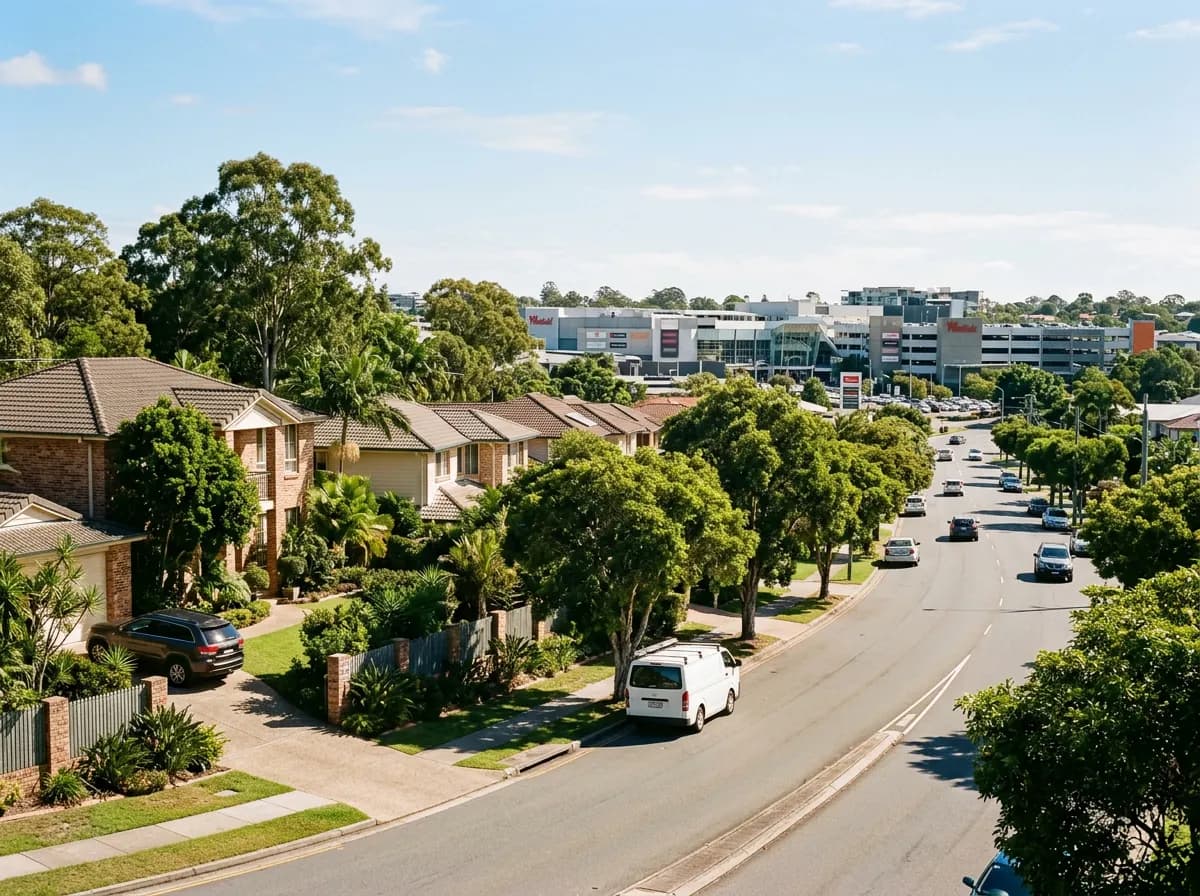 Streetscape of Carindale, Brisbane — large family homes and a major regional shopping centre