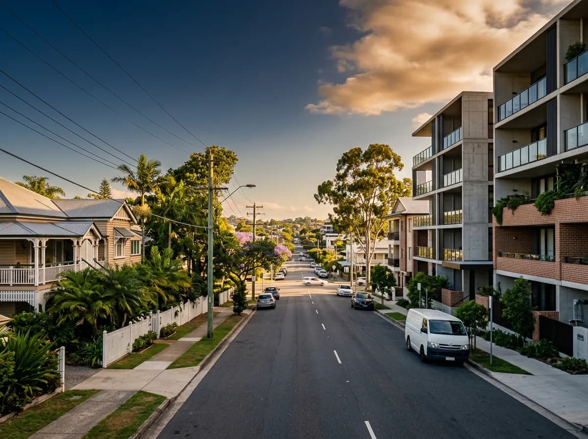 Streetscape of Coorparoo, Brisbane — established Queenslanders alongside new unit developments