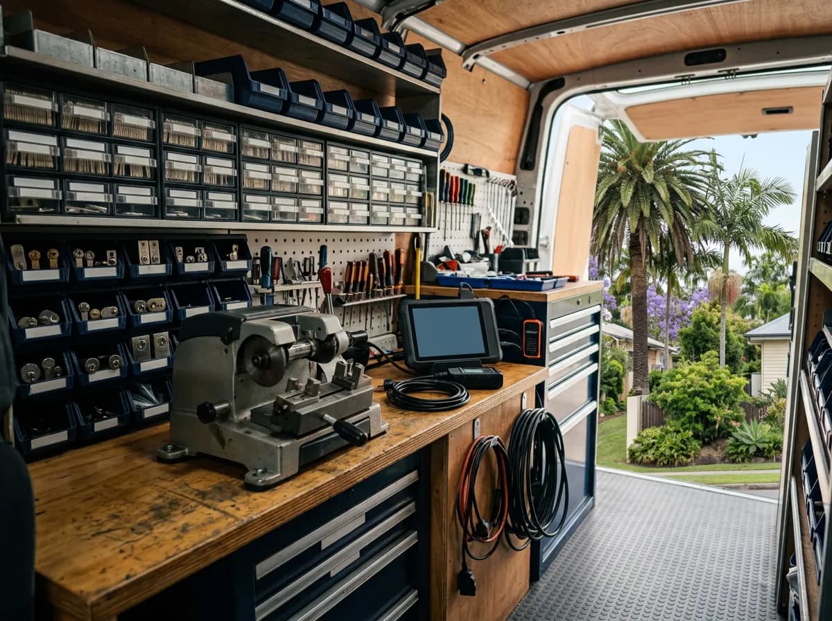 A locksmith's stocked mobile van interior with key-cutting machine and organised lock hardware