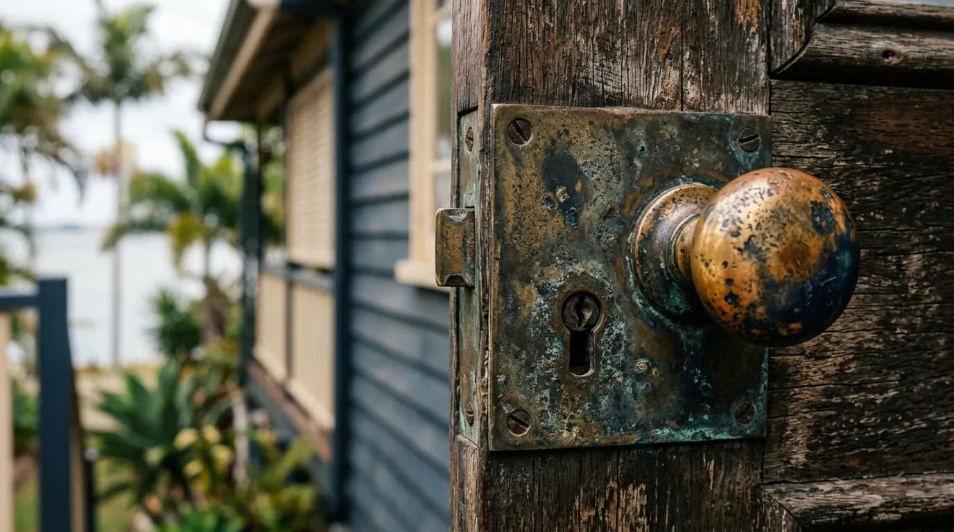 A weathered brass door lock and handle on a timber door showing signs of Brisbane's humid coastal climate