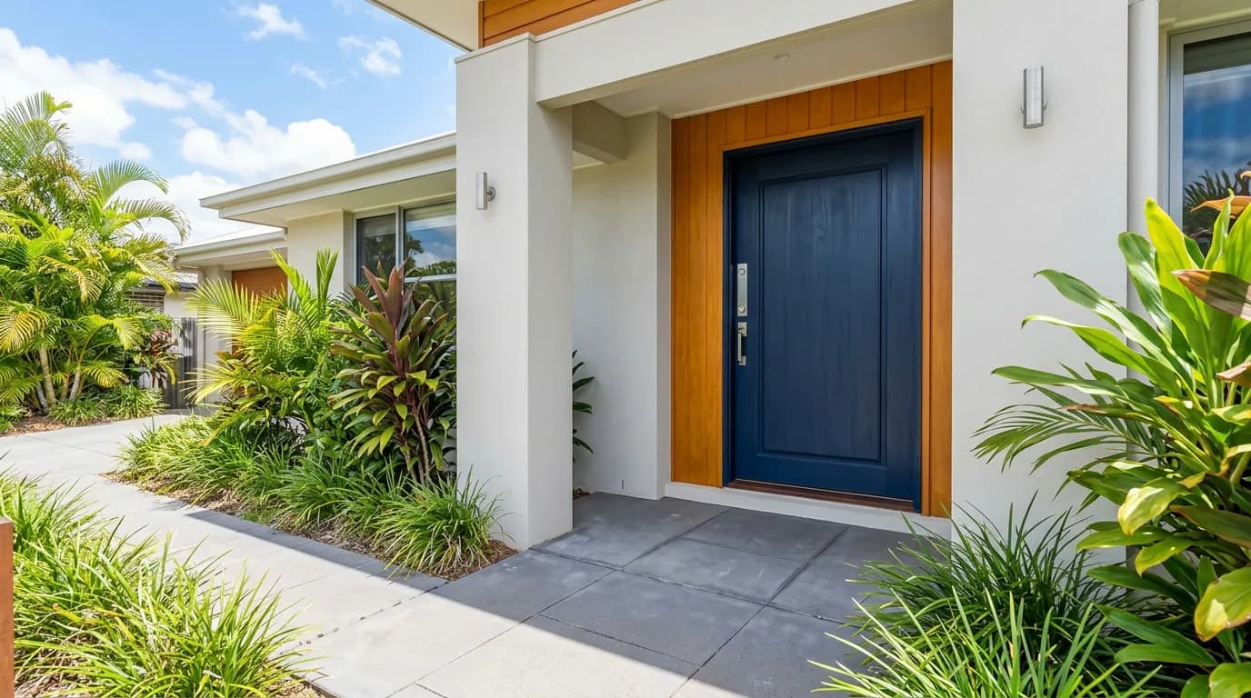 The secure modern front entrance of a Sydney home with a solid timber door and quality deadbolt