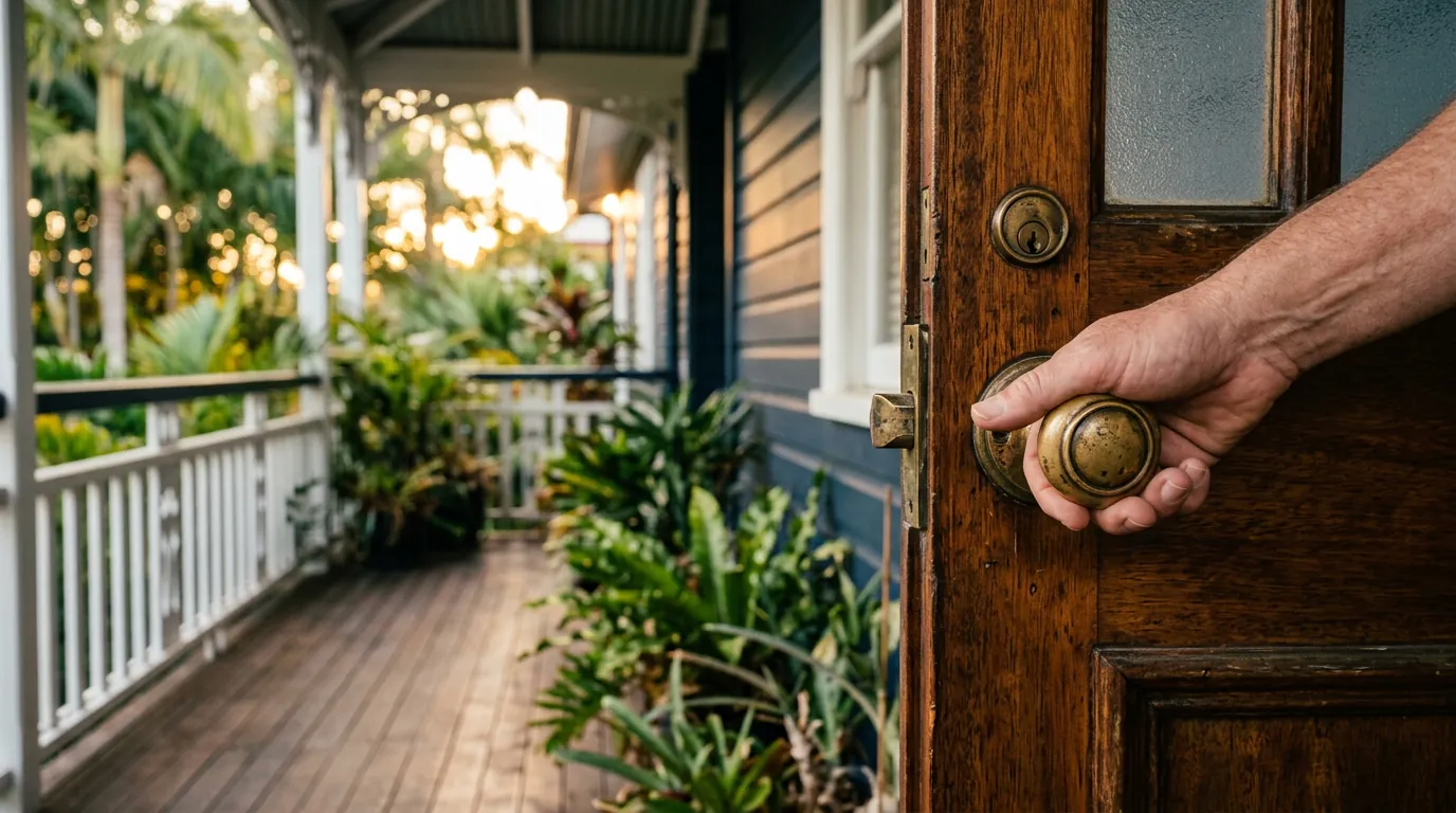A person's hand trying the handle of a locked timber front door on a Sydney home