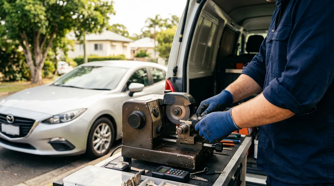 A mobile locksmith cutting a replacement car key beside a parked vehicle on a suburban Sydney street