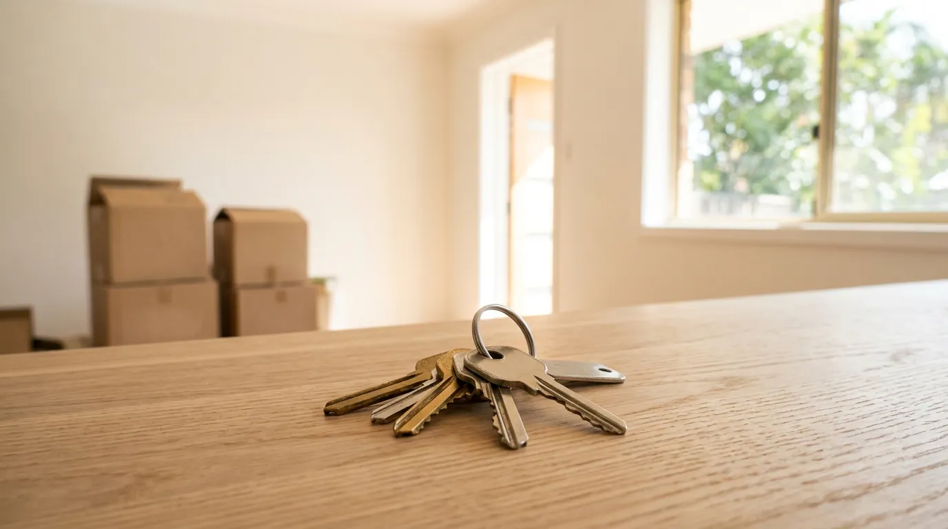 A set of house keys resting on a benchtop inside an empty, newly purchased Sydney home