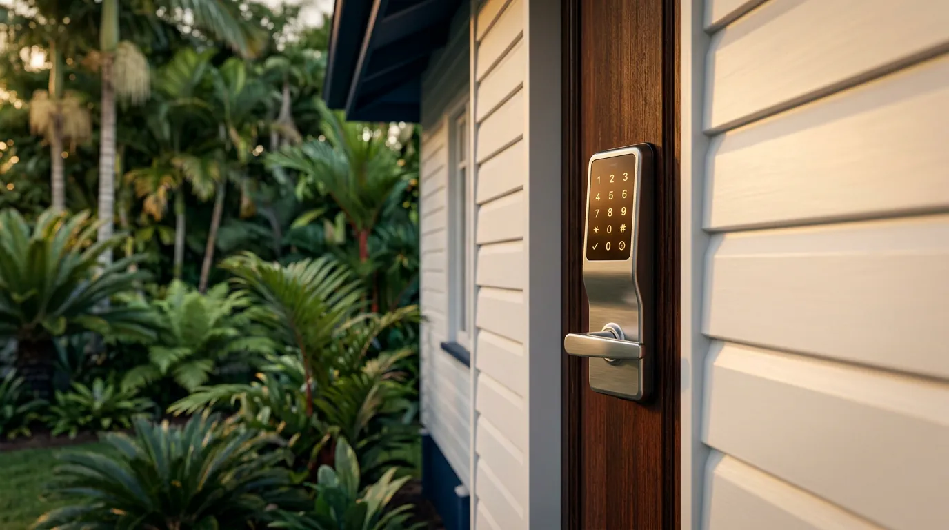 A modern keypad smart lock installed on the timber front door of a Sydney federation home