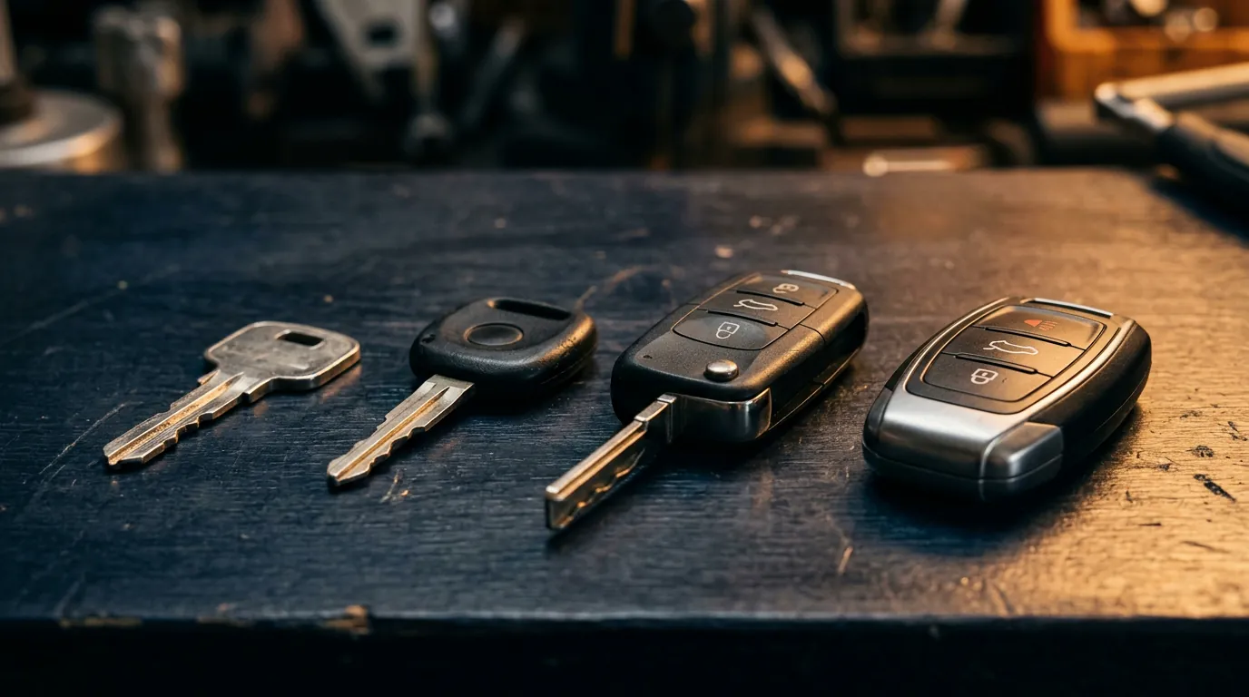 A close-up of several car key types including a transponder key, flip remote and proximity smart fob laid out on a workbench