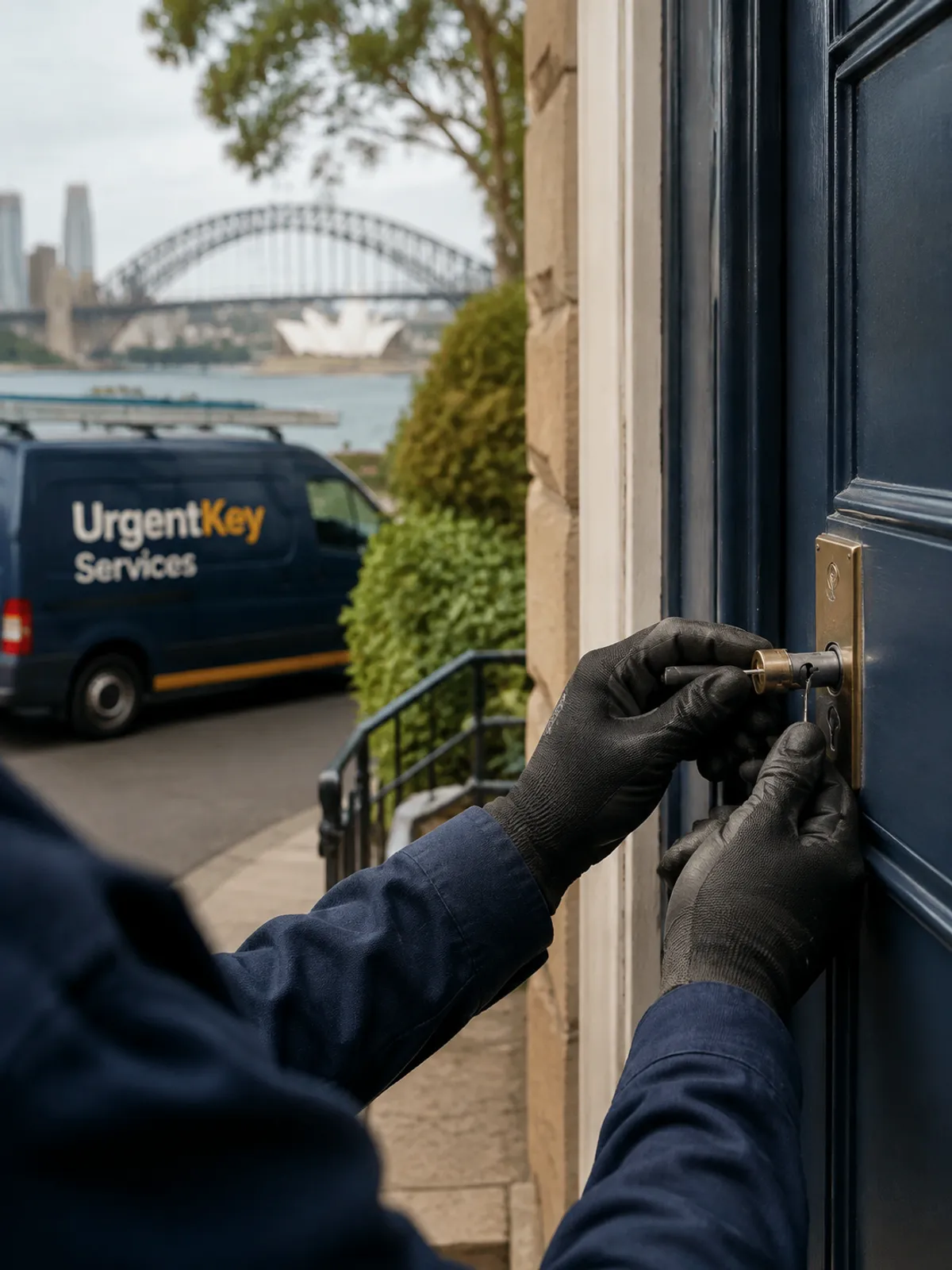 Mobile locksmith technician at work on a door lock at dusk, service van behind