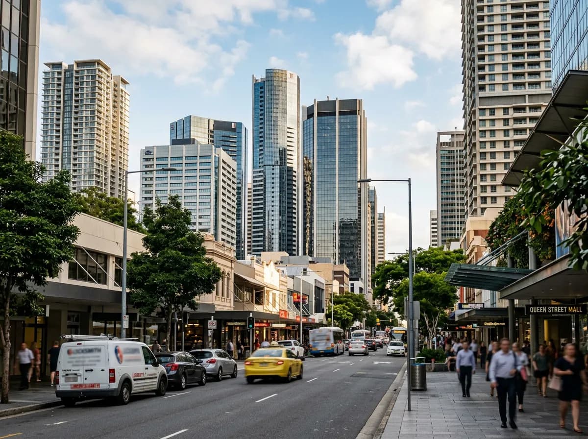 Streetscape of Brisbane CBD, Brisbane — high-rise apartment towers, office buildings and ground-floor retail