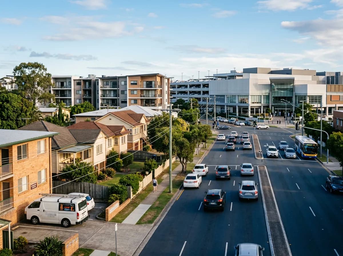 Streetscape of Chermside, Brisbane — family homes, units and a major retail centre