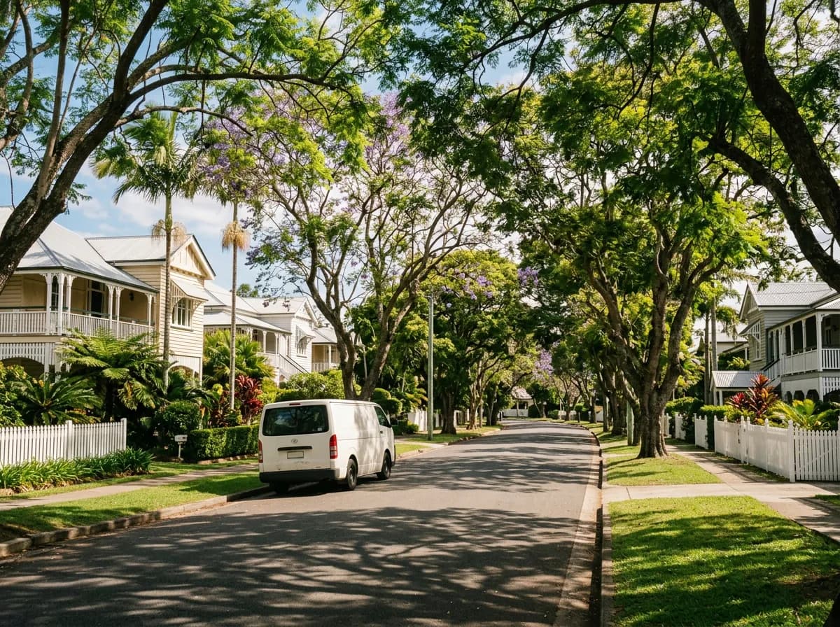 Streetscape of Clayfield, Brisbane — established affluent Queenslanders on leafy streets