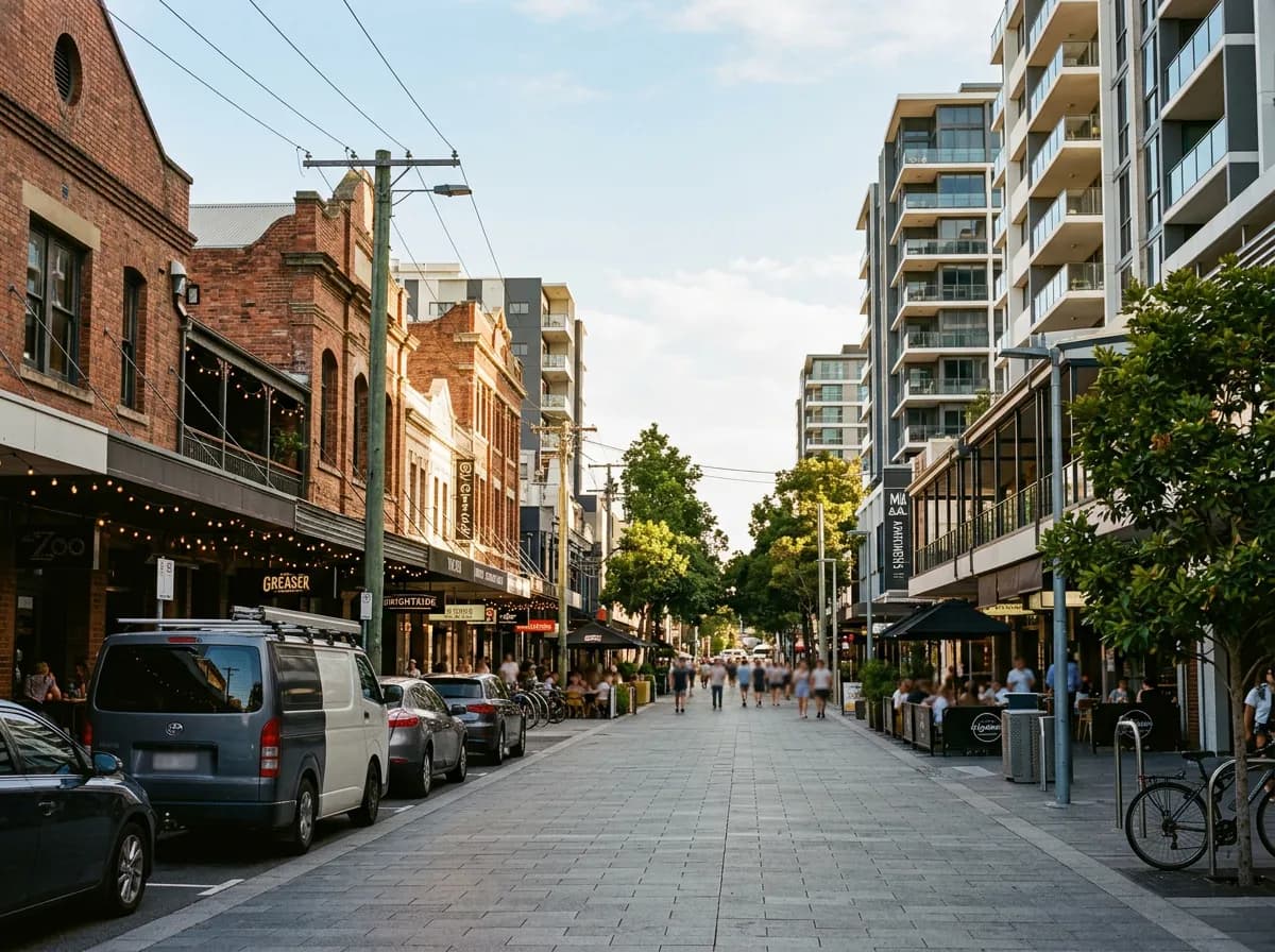 Streetscape of Fortitude Valley, Brisbane — entertainment venues, apartment complexes and warehouse conversions