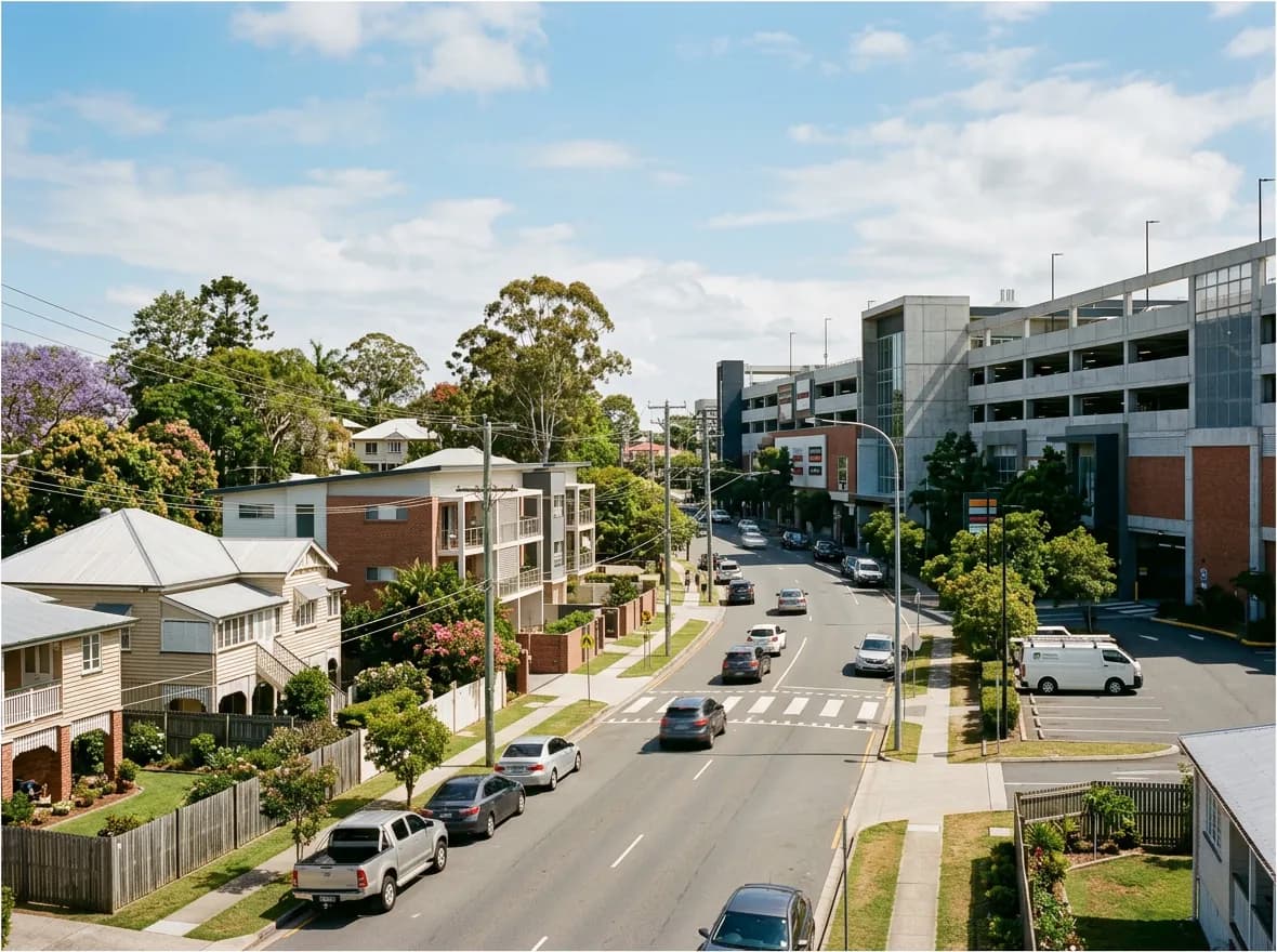 Streetscape of Indooroopilly, Brisbane — family homes, units and a major shopping centre
