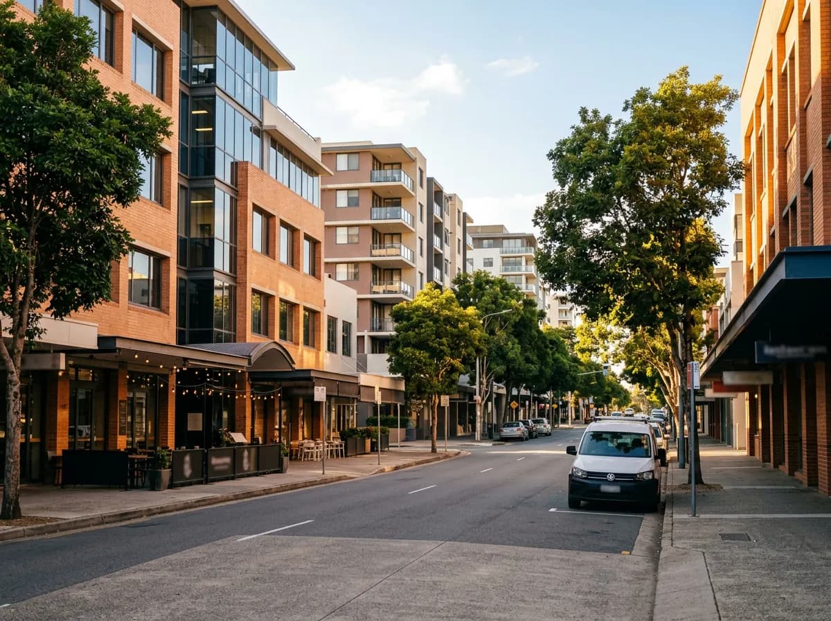 Streetscape of Milton, Brisbane — commercial offices, restaurants and inner-city apartments