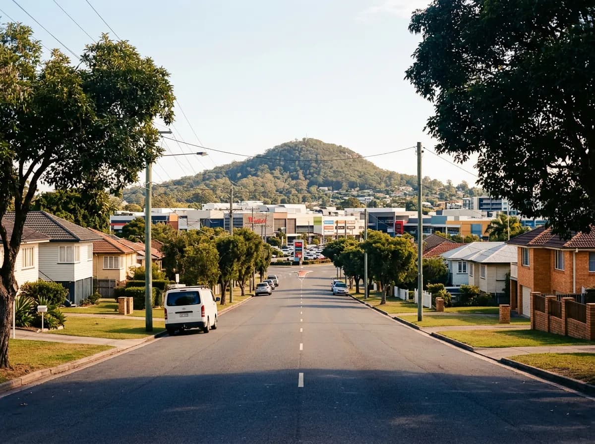 Streetscape of Mount Gravatt, Brisbane — post-war family homes and a large retail hub
