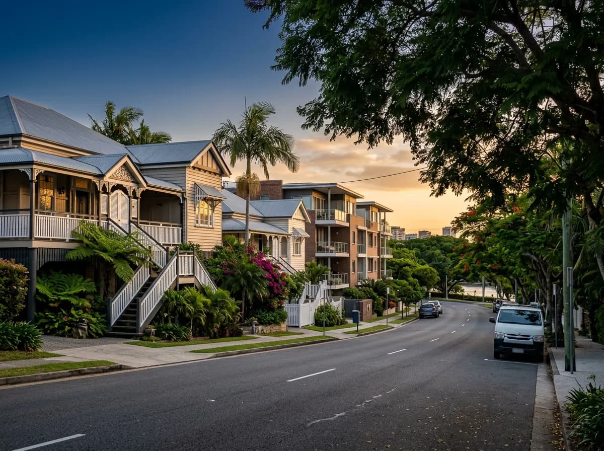 Streetscape of New Farm, Brisbane — affluent character Queenslanders and riverside apartments