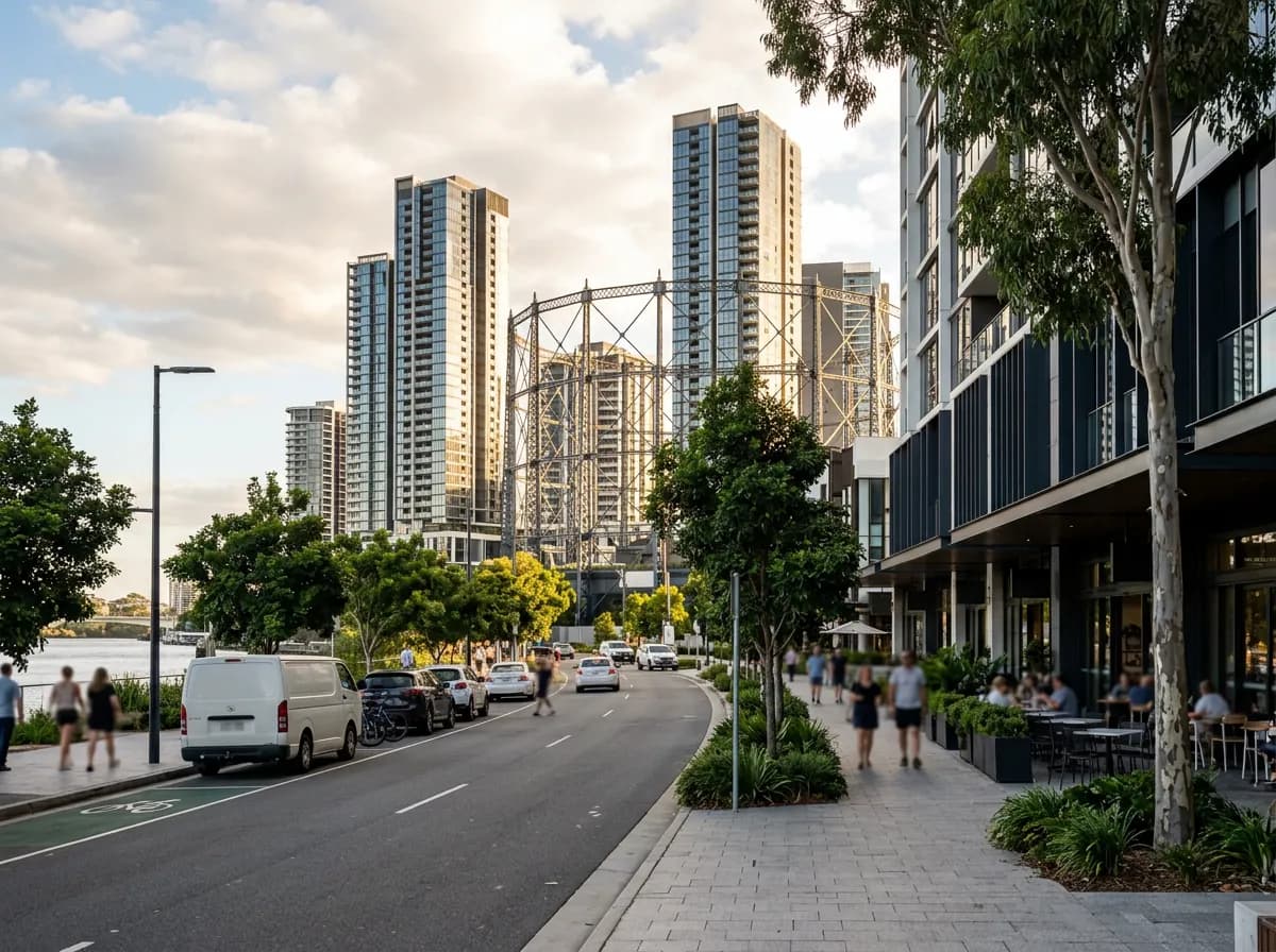 Streetscape of Newstead, Brisbane — riverside apartment towers and the Gasworks lifestyle precinct