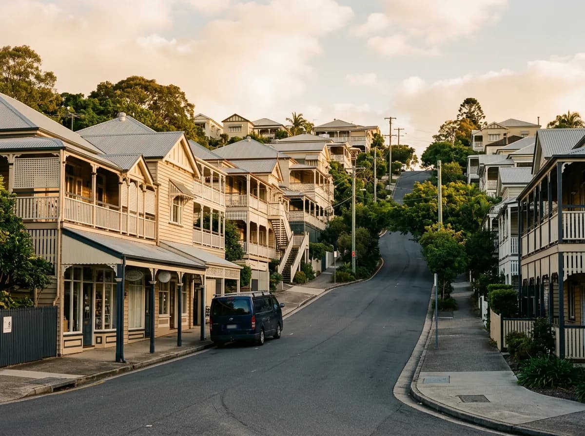 Streetscape of Paddington, Brisbane — iconic hilly Queenslanders and boutique shopfronts