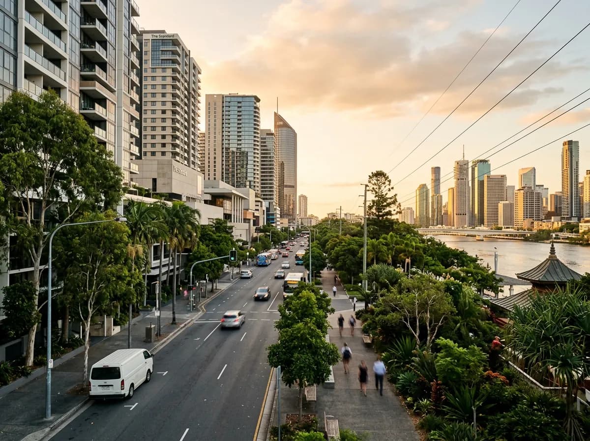Streetscape of South Brisbane, Brisbane — high-rise apartments, cultural institutions and commercial buildings
