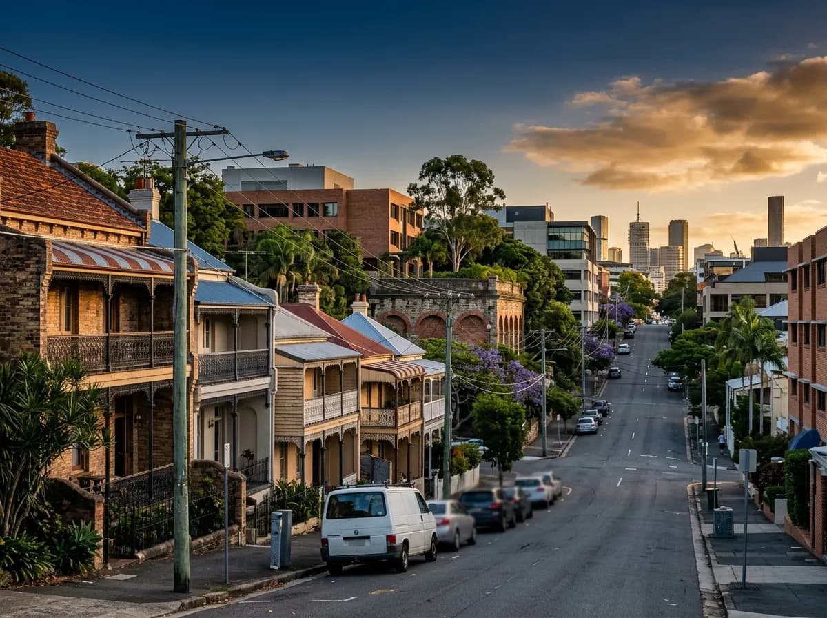 Streetscape of Spring Hill, Brisbane — heritage terraces, workers' cottages and the medical/office precinct