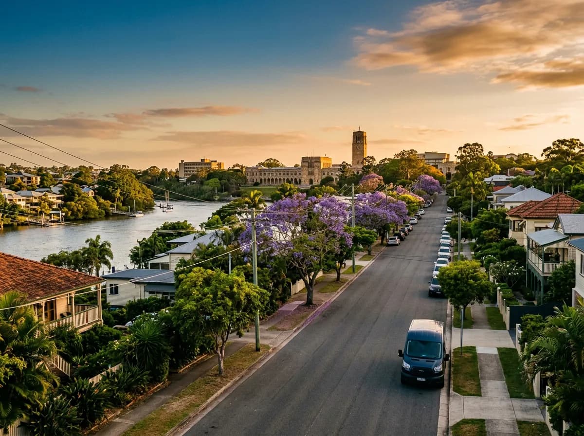 Streetscape of St Lucia, Brisbane — riverside family homes and university student rentals
