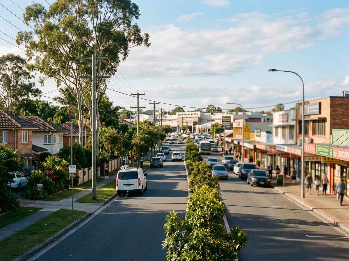 Streetscape of Sunnybank, Brisbane — family homes and a thriving retail and dining district