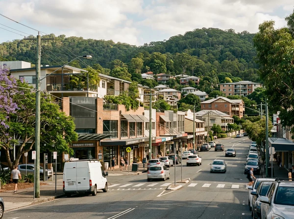 Streetscape of Toowong, Brisbane — a commercial village centre with surrounding homes and rentals
