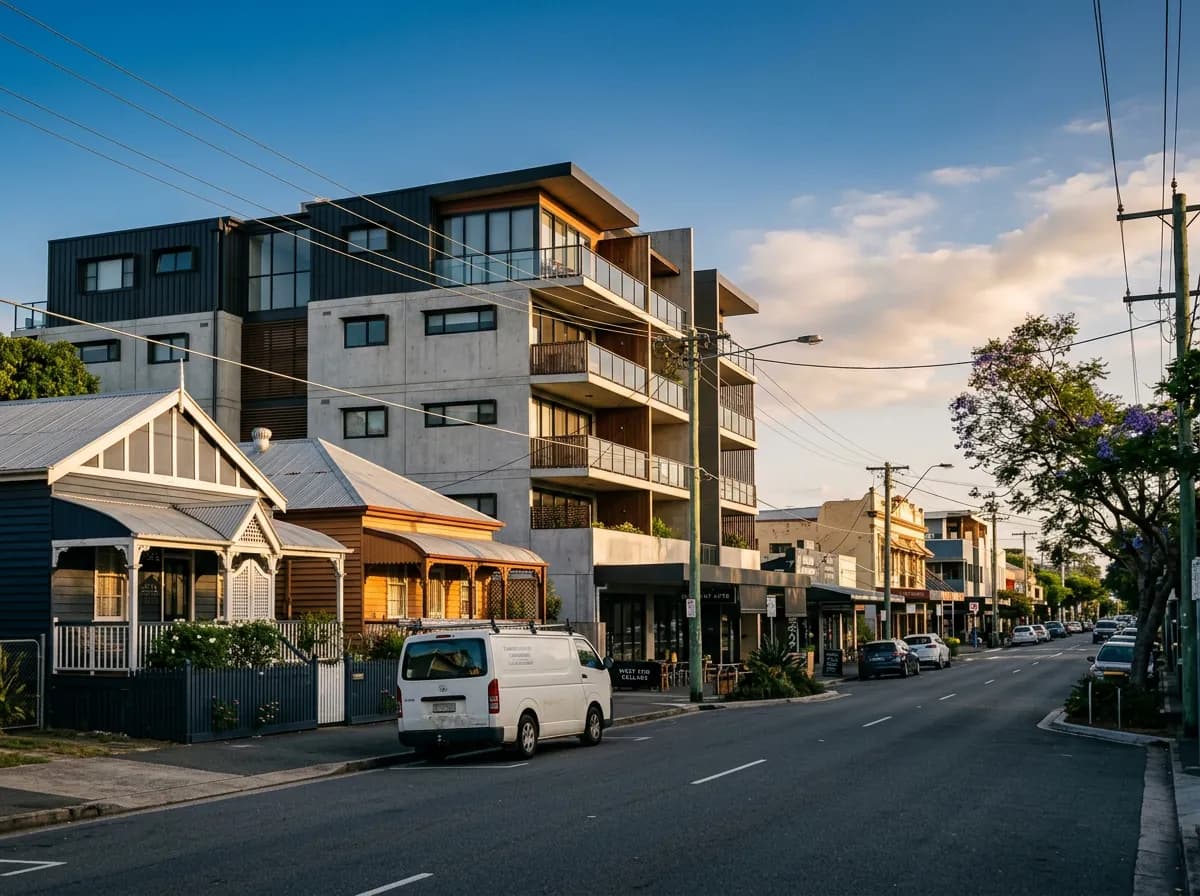 Streetscape of West End, Brisbane — worker's cottages, new unit developments and a busy café strip