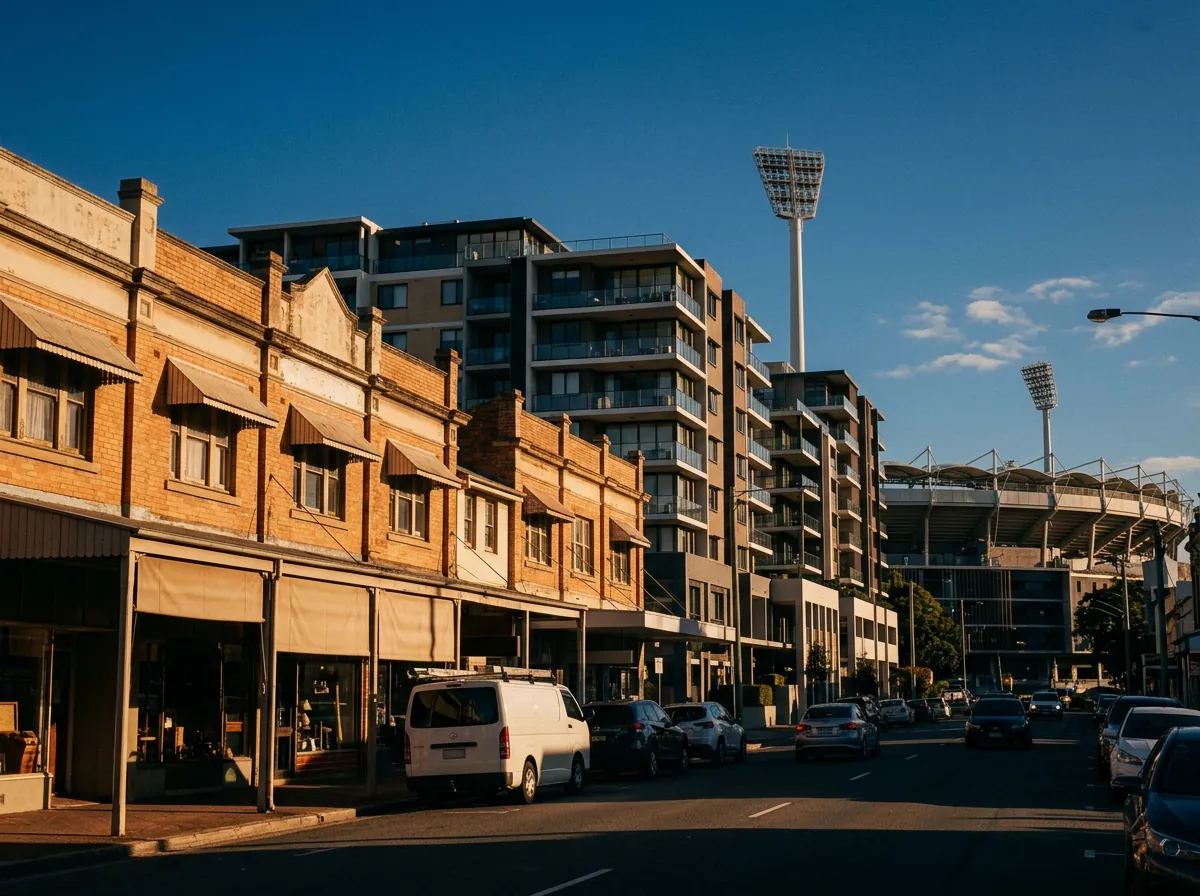 Streetscape of Woolloongabba, Brisbane — the Gabba precinct, antique shops, commercial sites and new apartments