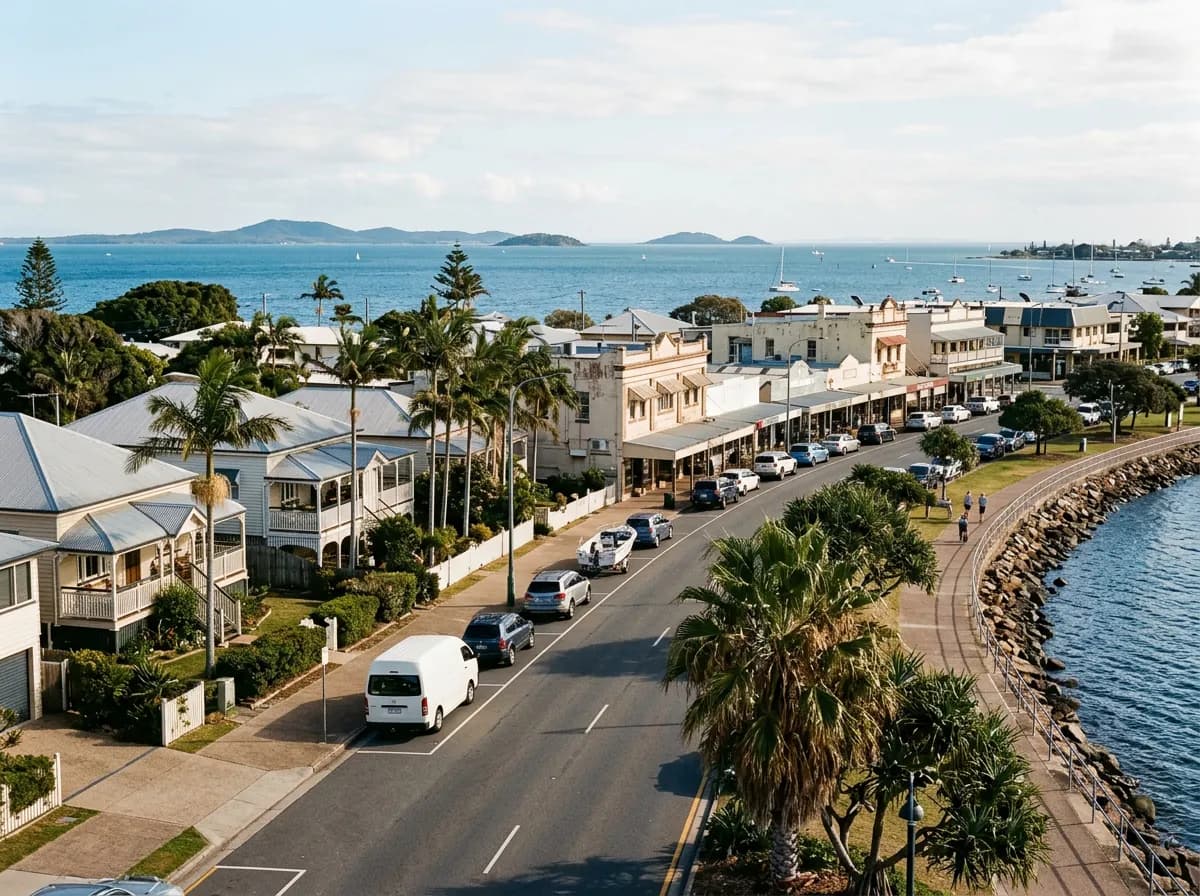 Streetscape of Wynnum, Brisbane — established bayside homes and a seaside town centre